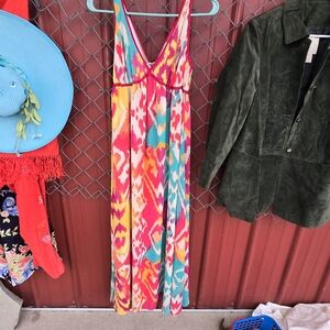 Chor Vibrant Multicolor Ikat Maxi Dress - Pink, Yellow, Teal Fully Lined 3/4 Zip